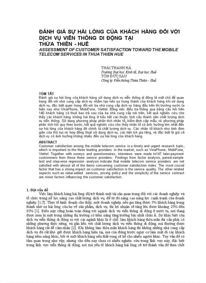 Đánh giá sự hài lòng của khách hàng đối với dịch vụ viễn thông di động tại thừa thiên huế