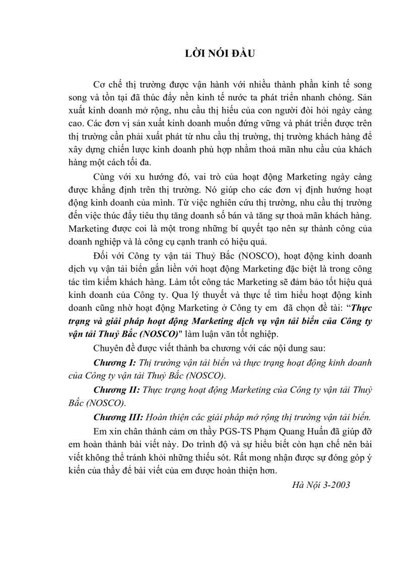 Thực trạng và giải pháp hoạt động Marketing dịch vụ vận tải biển của Công ty vận tải Thuỷ Bắc NOSCO