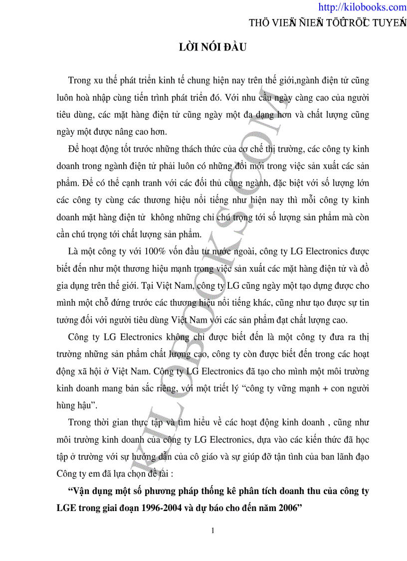 Vận dụng một số phương pháp thống kê phân tích doanh thu của công ty LGE trong giai đoạn 1996 2004 và dự báo cho đến năm 2006