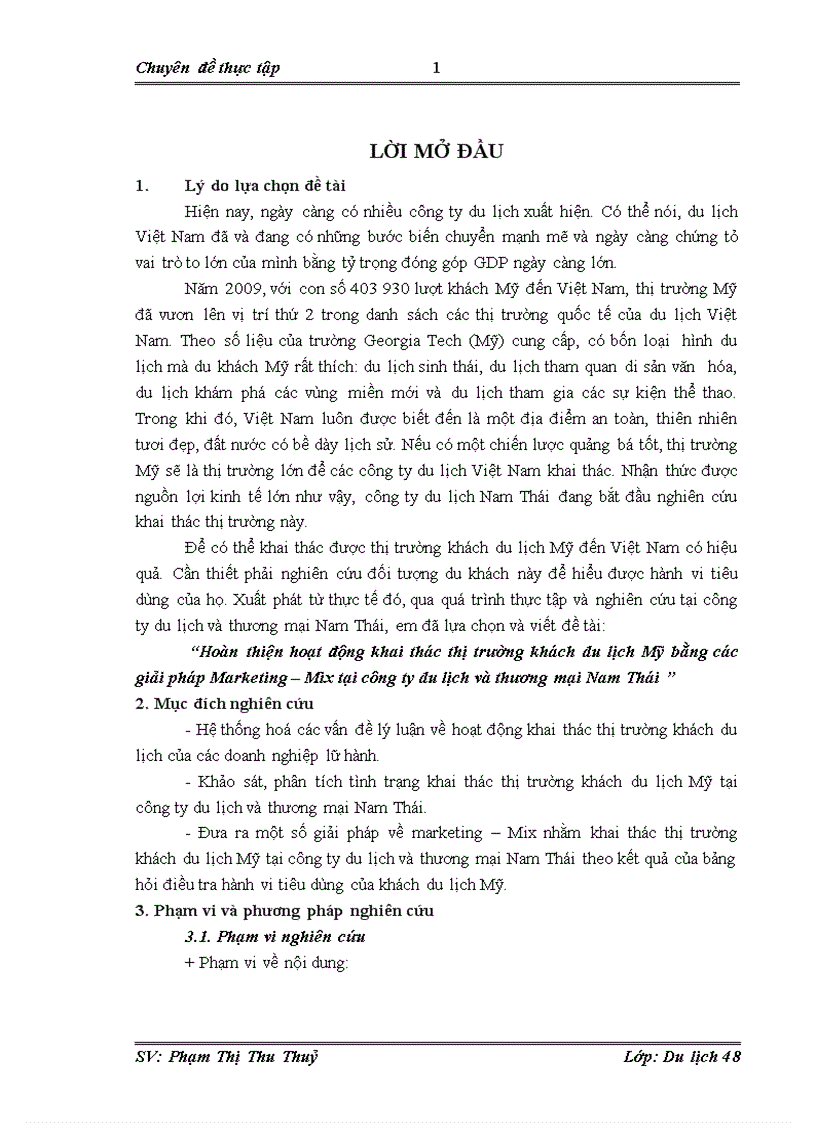 Hoàn thiện hoạt động khai thác thị trường khách du lịch Mỹ bằng các giải pháp Marketing Mix tại công ty du lịch và thương mại Nam Thái