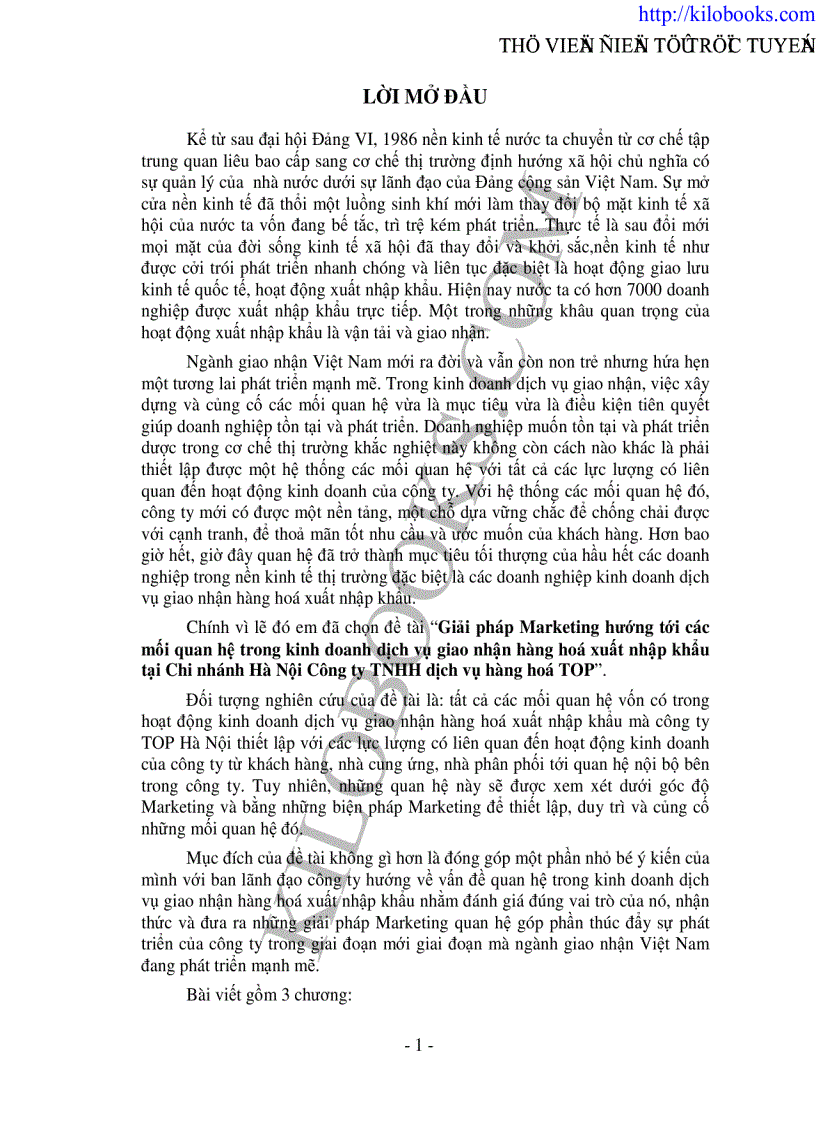 Giải pháp Marketing hướng tới các mối quan hệ trong kinh doanh dịch vụ giao nhận hàng hoá xuất nhập khẩu tại Chi nhánh Hà Nội Công ty TNHH dịch vụ hàng hoá TOP