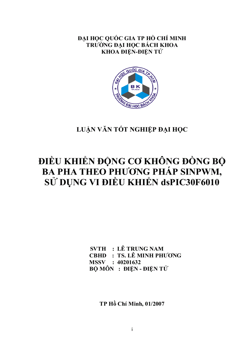 Điều Khiển Động Cơ Không Đồng Bộ Ba Pha Theo Phương Pháp Sinpwm Sử Dụng Vi Điều Khiển Dspic30f6010