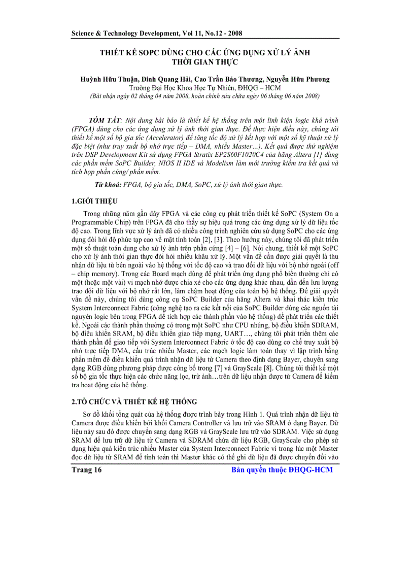 Thiết kế sopc dùng cho các ứng dụng xử lý ảnh thời gian thực