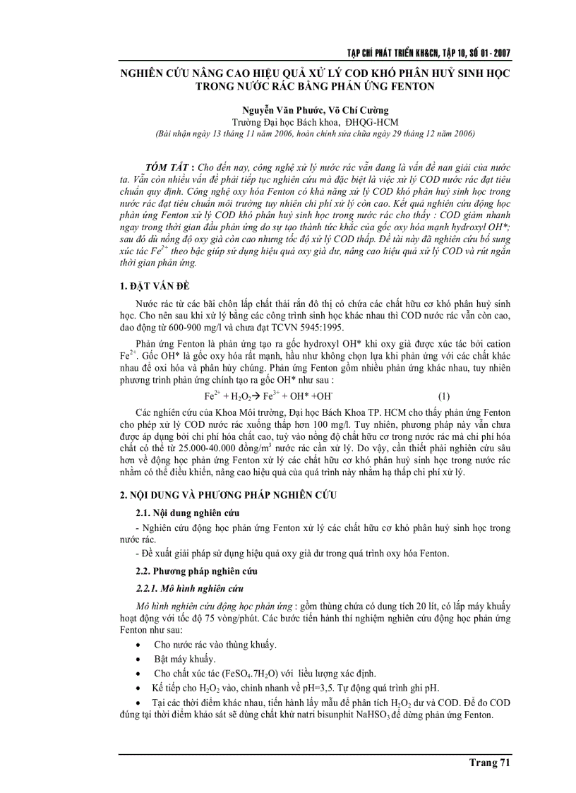 Nghiên cứu nâng cao hiệu quả xử lý COD khó phân huỷ sinh học trong nước rác bằng phản ứng Fenton