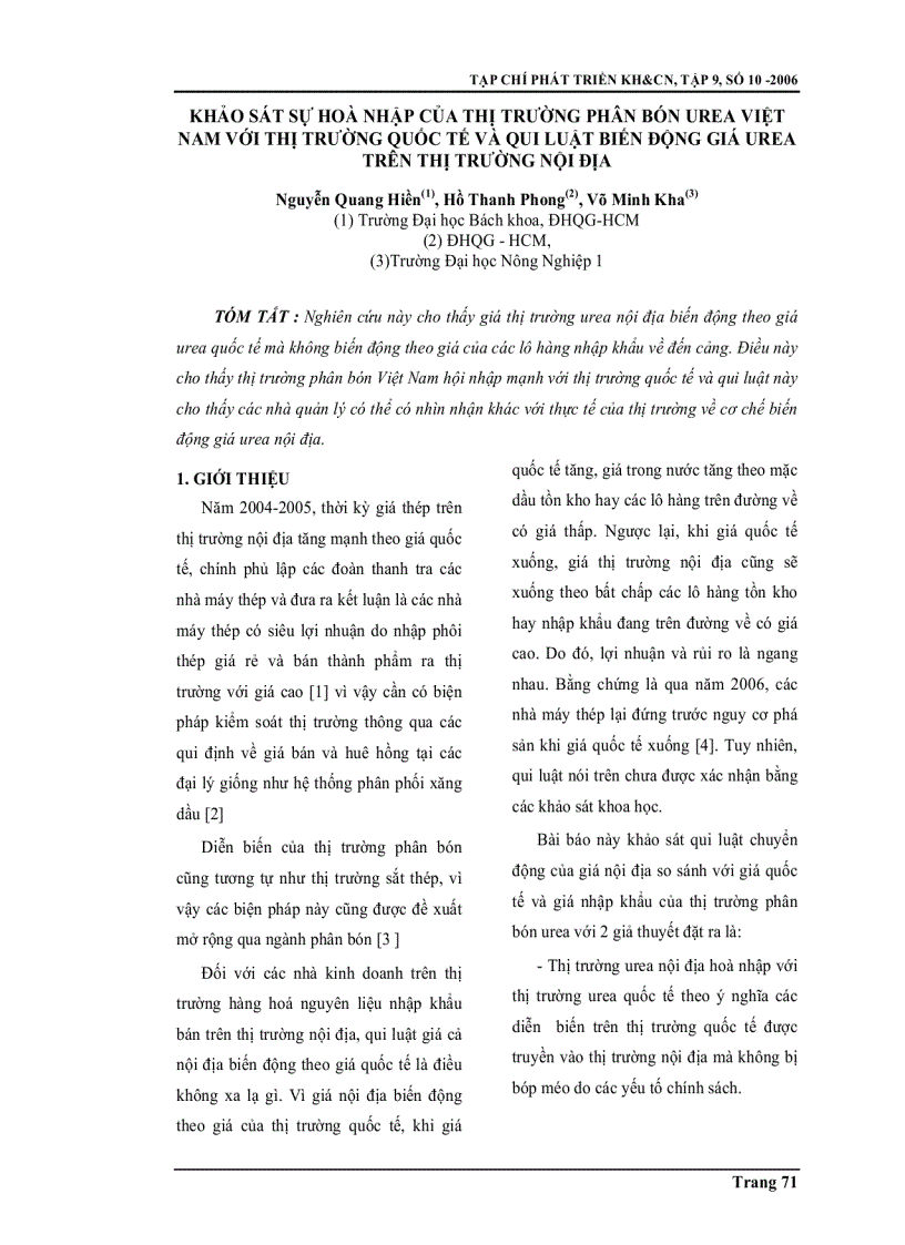 Khảo sát sự hoà nhập của thị trường phân bón urea Việt Nam với thị trường quốc tế và qui luật biến động giá urea trên thị trường nội địa