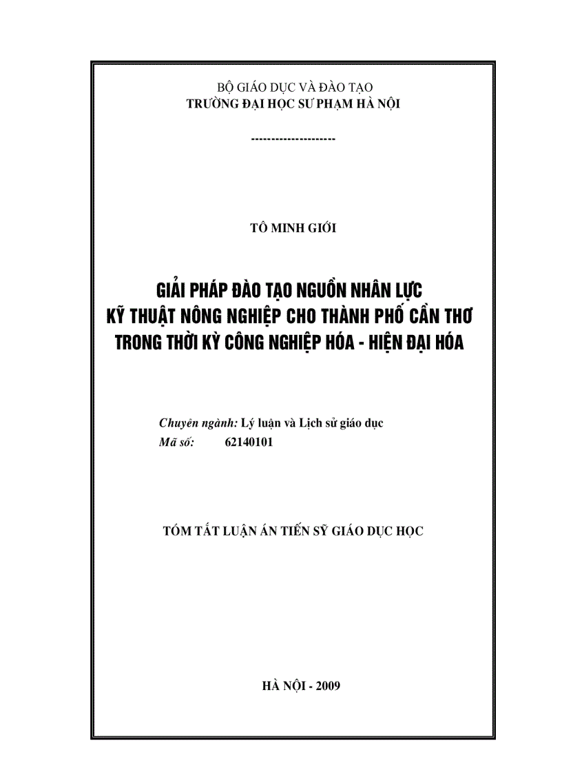 Giải pháp đào tạo nguồn nhân lực kỹ thuật nông nghiệp cho thành phố Cần Thơ trong thời kỳ công nghiệp hoá hiện đại hoá