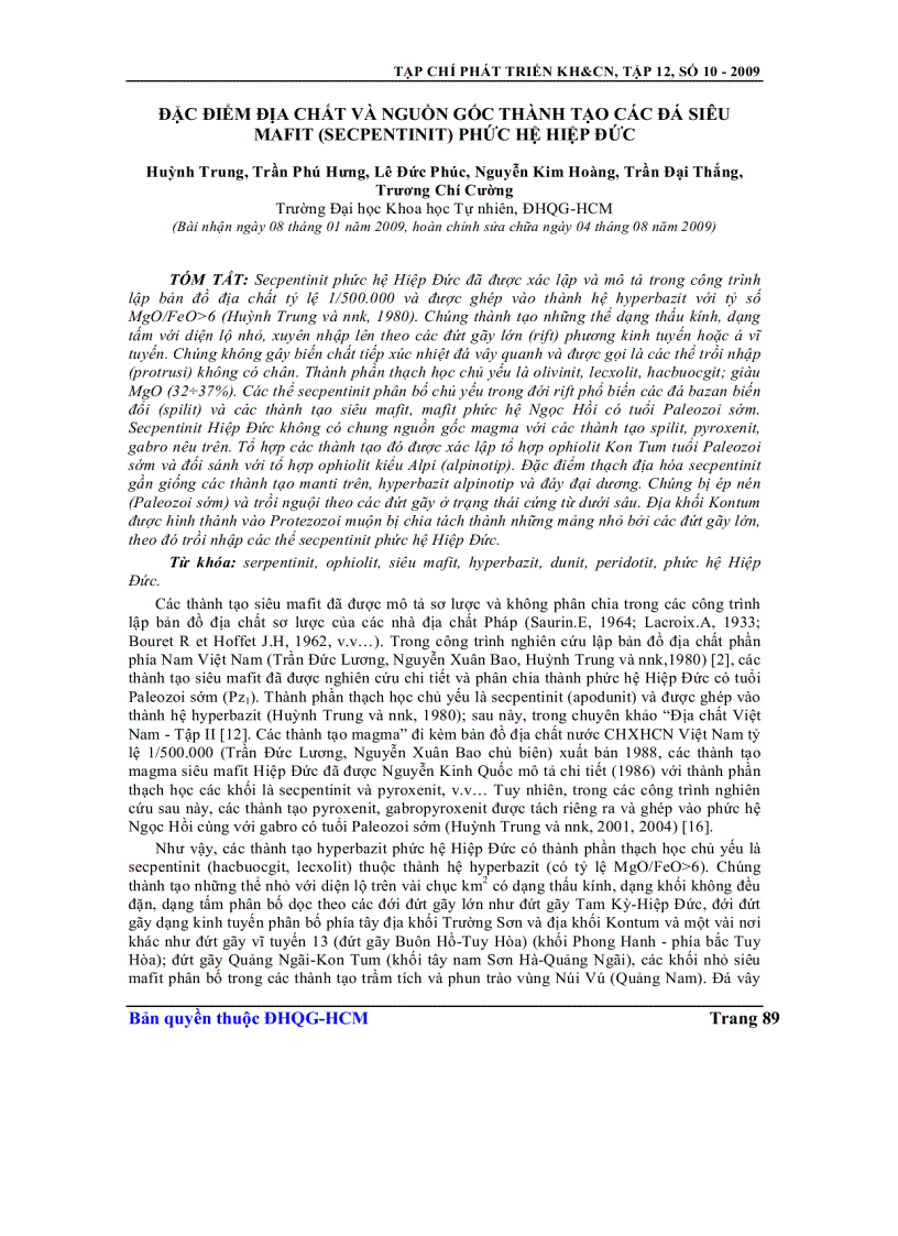 Đặc điểm địa chất và nguồn gốc thành tạo các đá siêu mafit secpentinit phức hệ Hiệp Đức