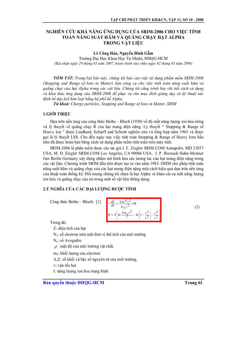 Nghiên cứu khả năng ứng dụng của Srim 2006 cho việc tính toán năng suất hãm và quãng chạy hạt Alpha trong vật liệu