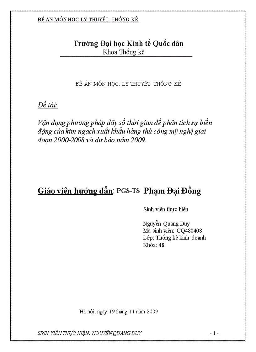 Vận dụng phương pháp dãy số thời gian để phân tích sự biến động của kim ngạch xuất khẩu hàng thủ công mỹ nghệ