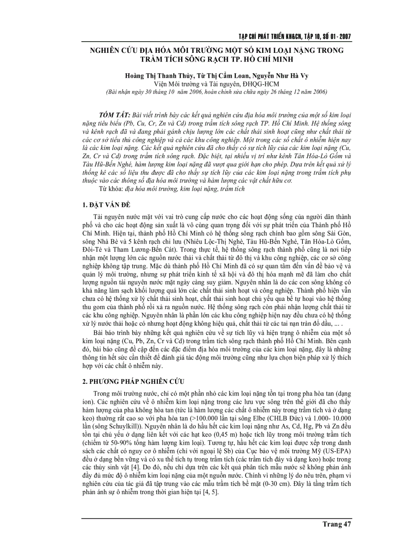 Nghiên cứu địa hoá môi trường một số kim loại nặng trong trầm tích sông rạch Tp Hồ Chí Minh