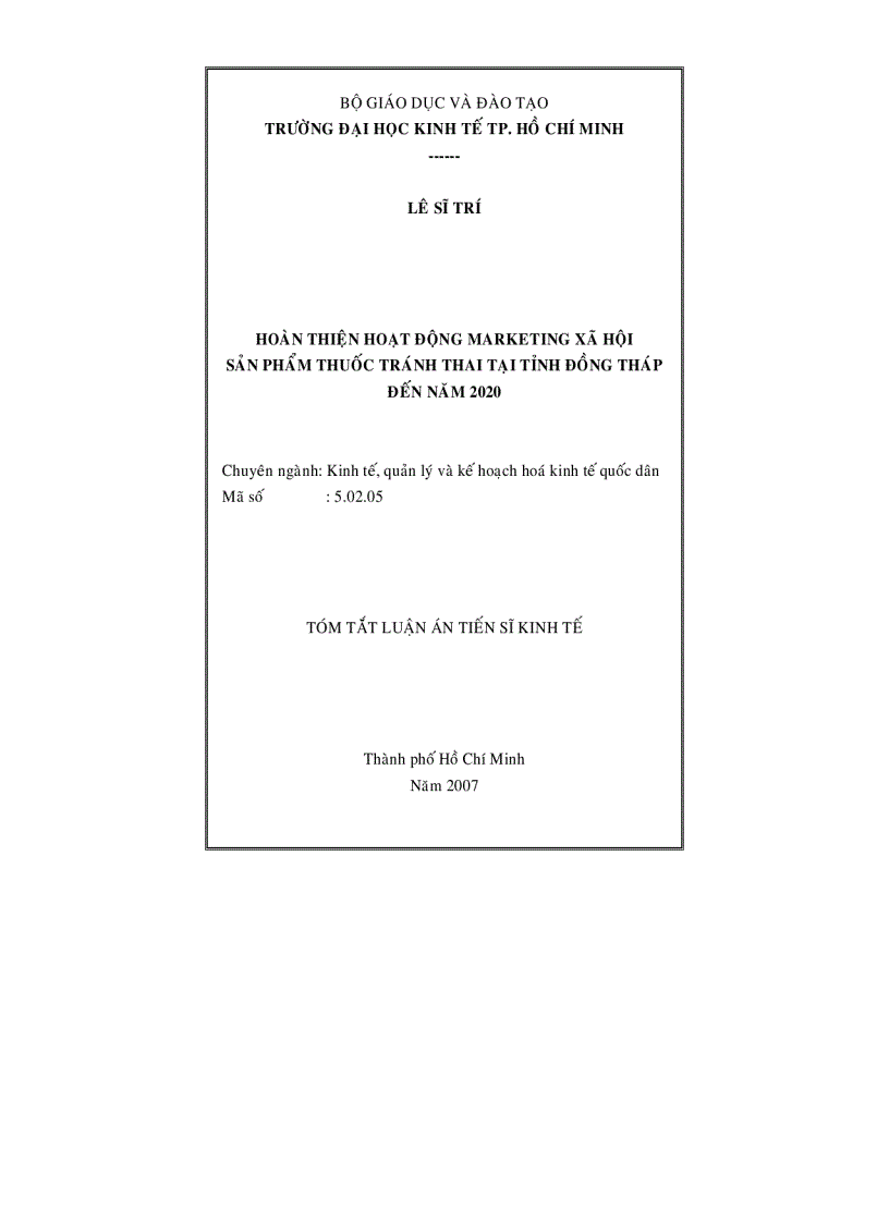 Hoàn thiện hoạt động marketing xã hội sản phẩm thuốc tránh thai tại tỉnh Đồng Tháp đến năm 2020