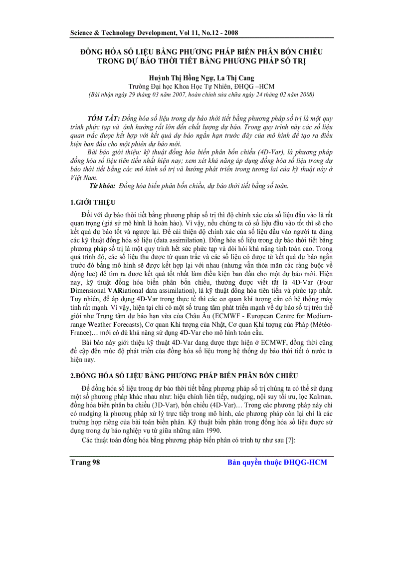 Đồng hóa số liệu bằng phương pháp biến phân bốn chiều trong dự báo thời tiết bằng phương pháp số trị