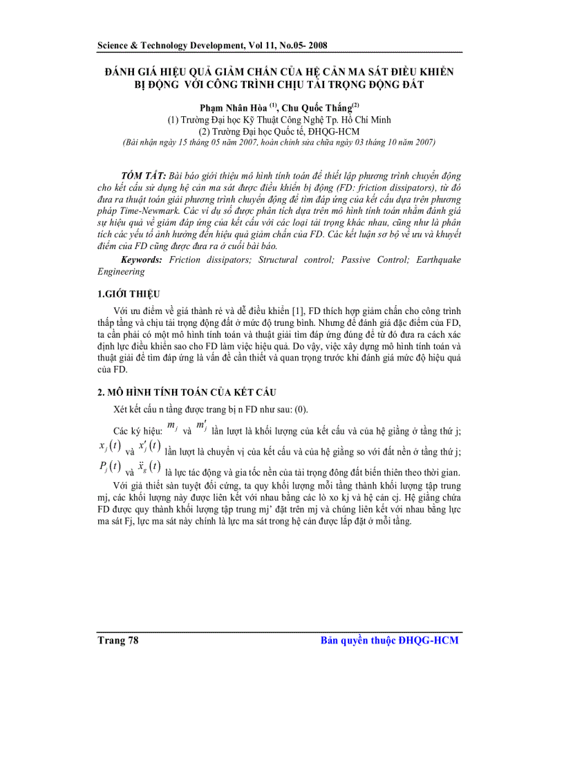 Đánh giá hiệu quả giảm chấn của hệ cản ma sát điều khiển bị động với công trình chịu tải trọng động đất