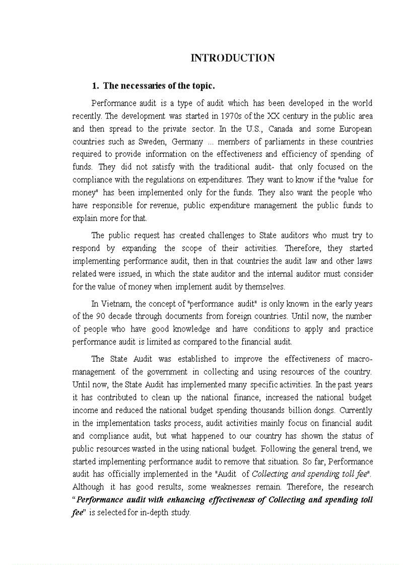 Performance audit with enhancing effectiveness of Collecting and spending toll fee