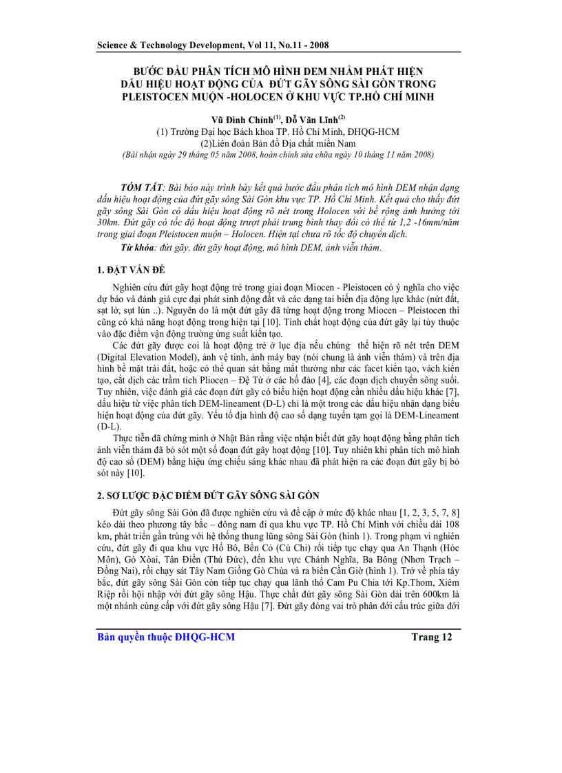 Bước đầu phân tích mô hình dem nhằm phát hiện dấu hiệu hoạt động của đứt gãy sông sài gòn trong pleistocen muộn holocen ở khu vực tp hồ chí minh