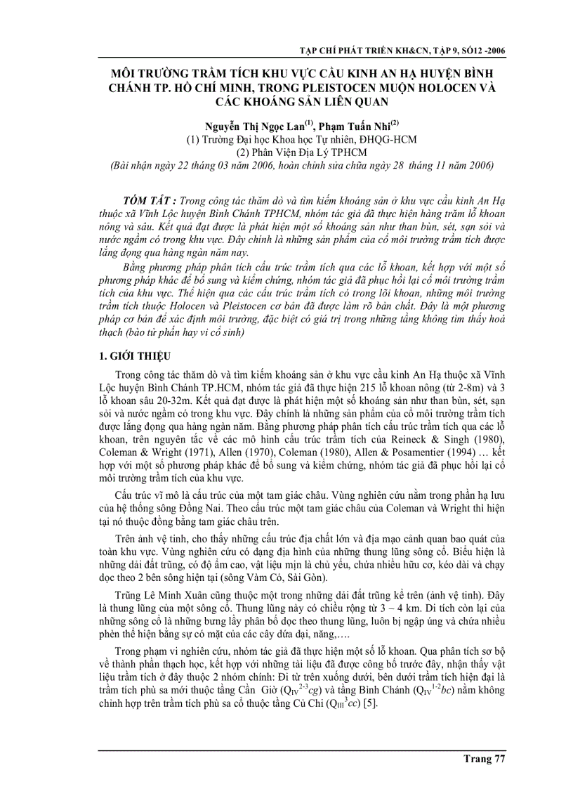 Môi trường trầm tích khu vực cầu Kinh An Hạ huyện Bình Chánh Tp Hồ Chí Minh trong pleistocen muộn Holocen và các khoáng sản liên quan