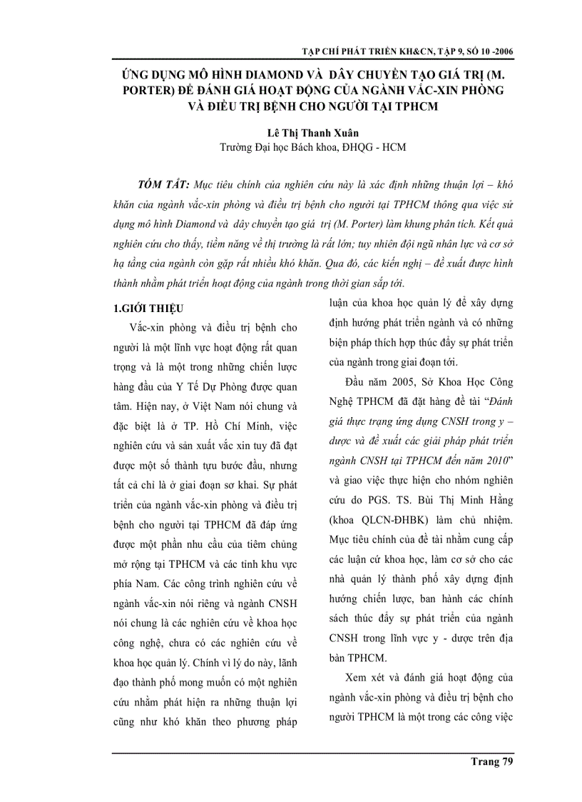 Ứng dụng mô hình Diamond và dây chuyền pdftạo giá trị M Porter để đánh giá hoạt động của ngành vắc xin phòng và điều trị bệnh cho người tại TPHCM