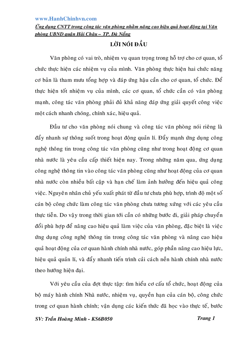 Ứng dụng CNTT trong công tác văn phòng nhằm nâng cao hiệu quả hoạt động tại văn phòng UBNN quận Hải Châu TP Đà Nẵng