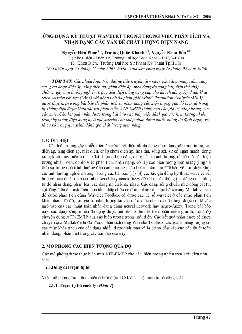 Ứng dụng kỹ thuật Wavelet trong việc phân tích và nhận dạng các vấn đề chất lượng điện năng
