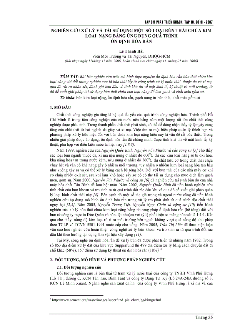 Nghiên cứu xử lý và tái sử dụng một số loại bùn thải chứa kim loại nặng bằng ứng dụng quá trình ổn định hóa rắn