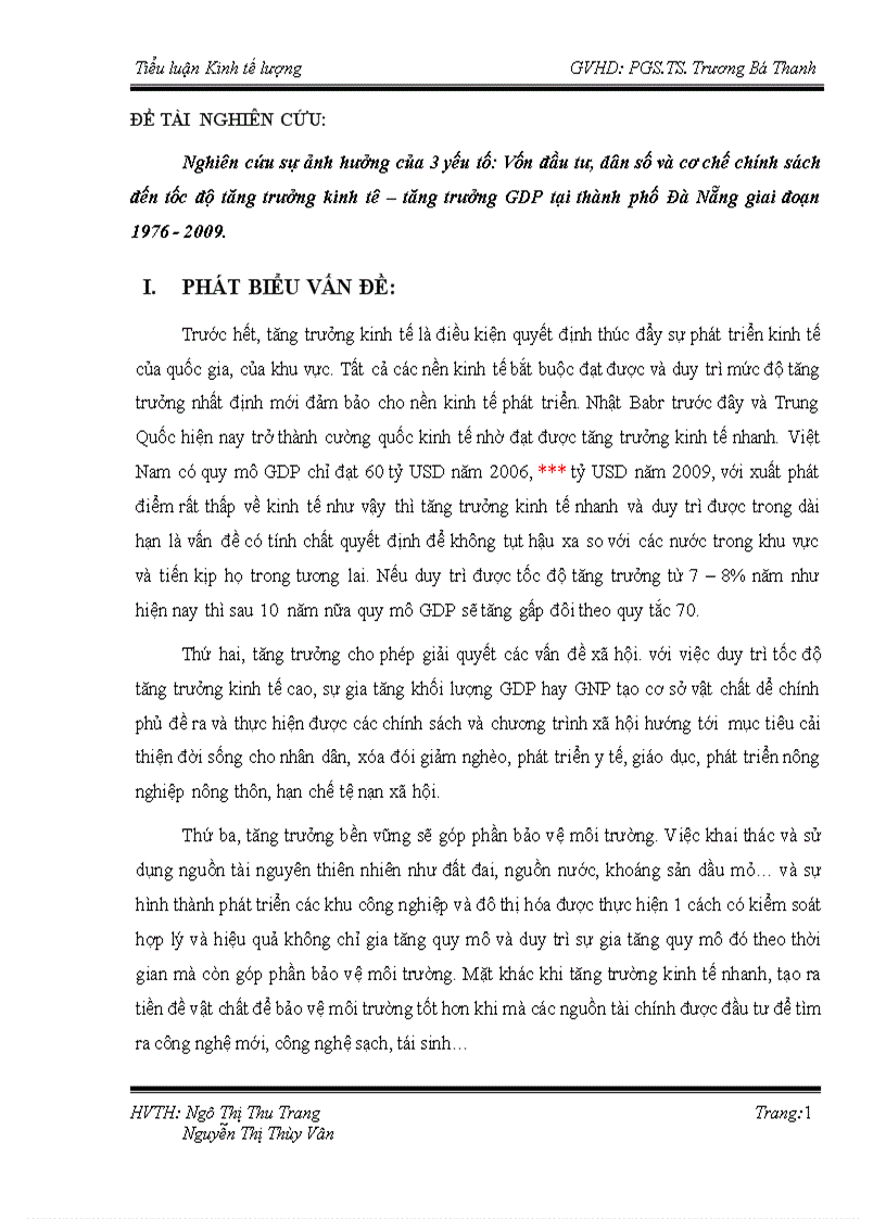 Nghiên cứu sự tác động của các nhân tố đầu vào đến tăng trưởng GDP của thành phố Đà Nẵng giai đoạn 1976 2009