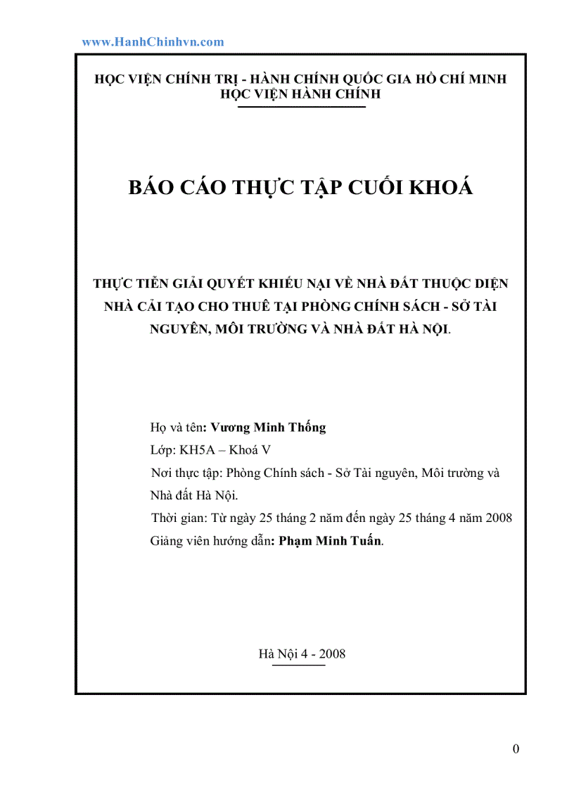 Báo cáo thực tập Thực tiễn giải quyết khiếu nại về nhà đất thuộc diện nhà cải tạo cho thuê tại phòng chính sách Sở Tài nguyên Môi trường và nhà đất Hà Nội