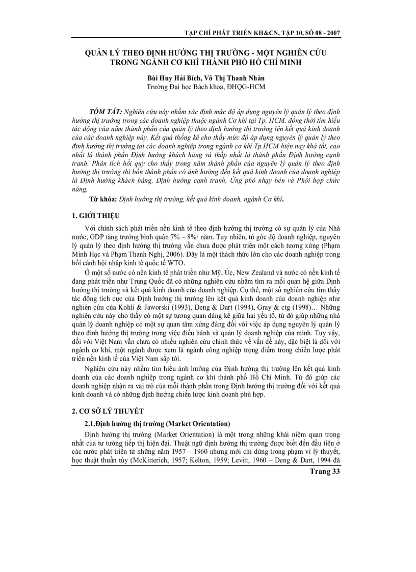 Quản lý theo định hướng thị trường Một nghiên cứu trong ngành Cơ khí Tp HCM