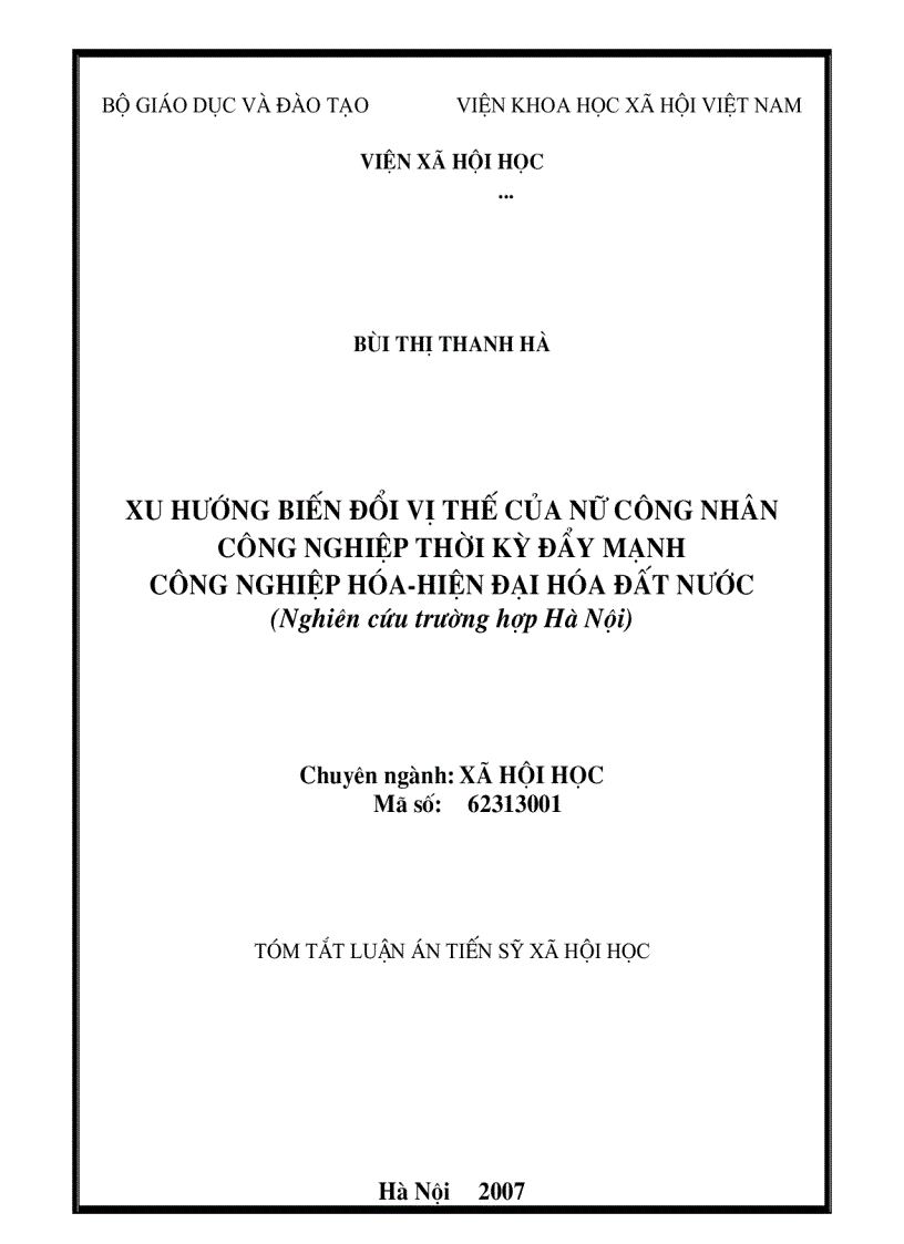 Xu hướng biến đổi vị thế của nữ công nhân công nghiệp thời kỳ đẩy mạnh công nghiệp hoá hiện đại hoá đất nước