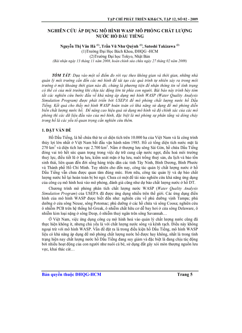 Nghiên cứu áp dụng mô hình Wasp mô phỏng chất lượng nước hồ Dầu Tiếng