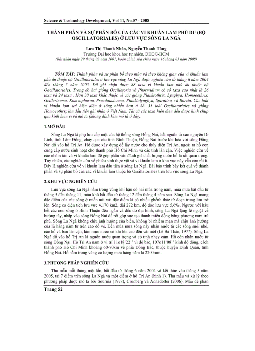 Thành phần và sự phân bố của các vi khuẩn lam phù du bộ oscillatoriales ở lưu vực sông La Ngà