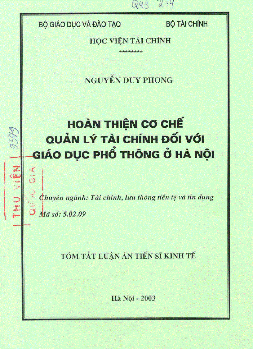 Hoàn thiện cơ chế quản lý tài chính đối với giáo dục phổ thông ở Hà Nội