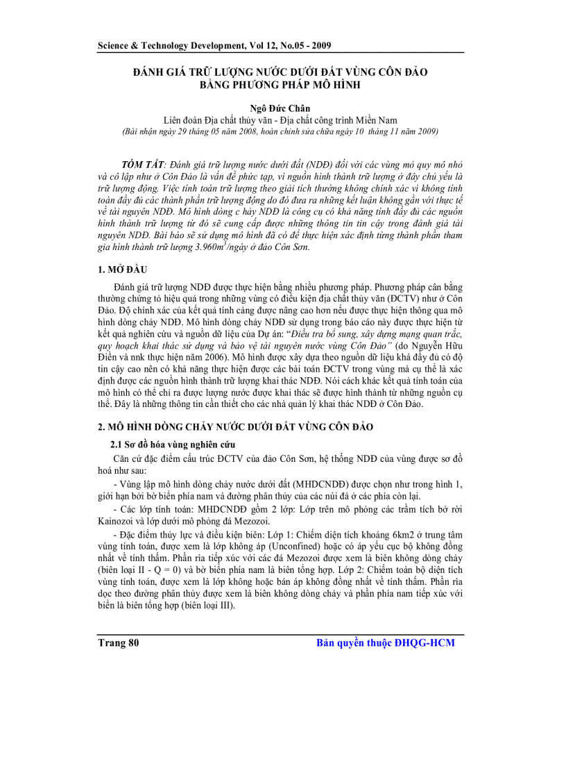 Đánh giá trữ lượng nước dưới đất vùng côn đảo bằng phương pháp mô hình