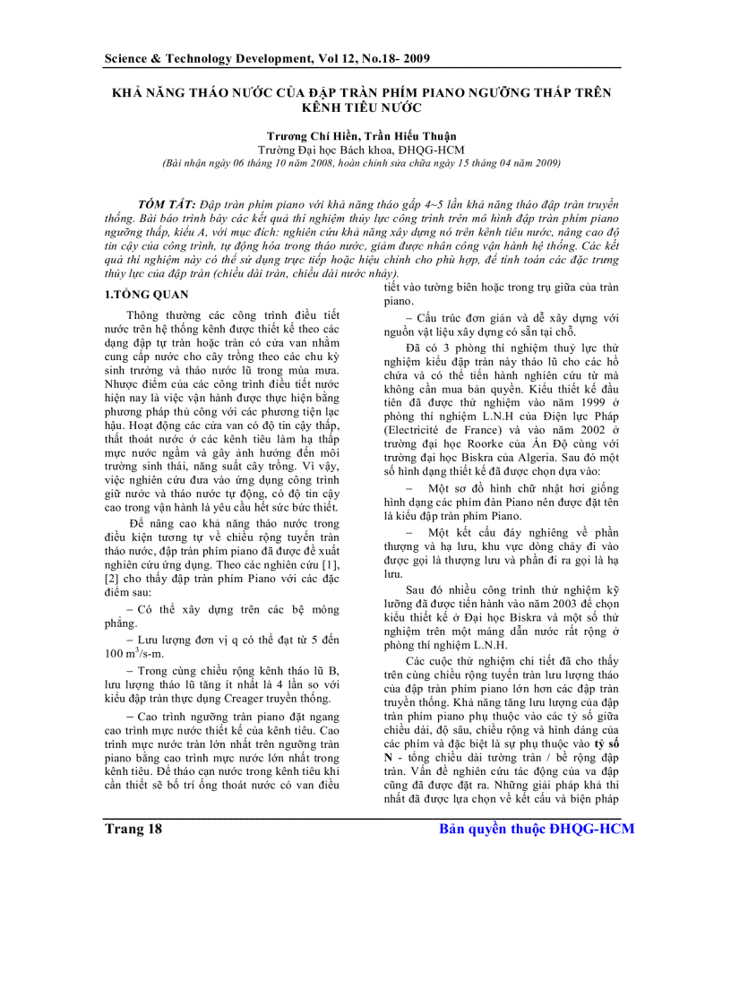 Khả năng tháo nước của đập tràn phím Piano ngưỡng thấp trên kênh tiêu nước