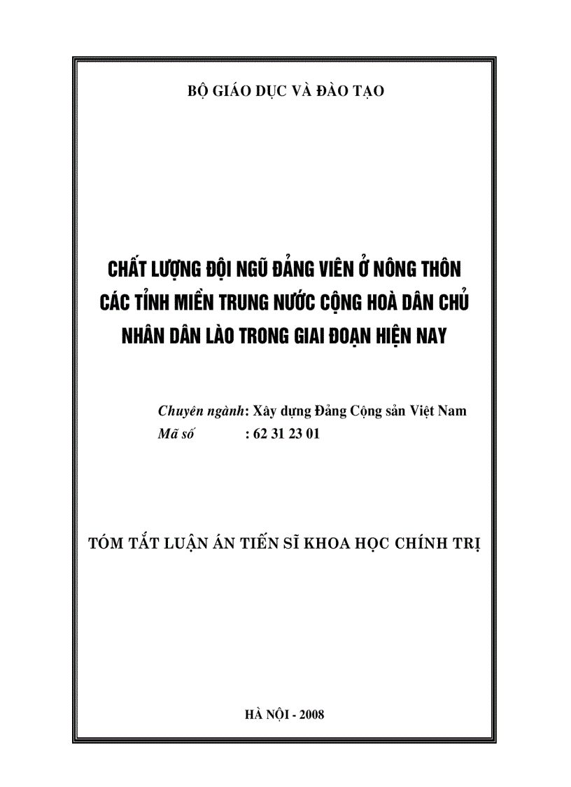 Chất lượng đội ngũ đảng viên ở nông thôn các tỉnh miền Trung nước Cộng hoà Dân chủ Nhân dân Lào trong giai đoạn hiện nay