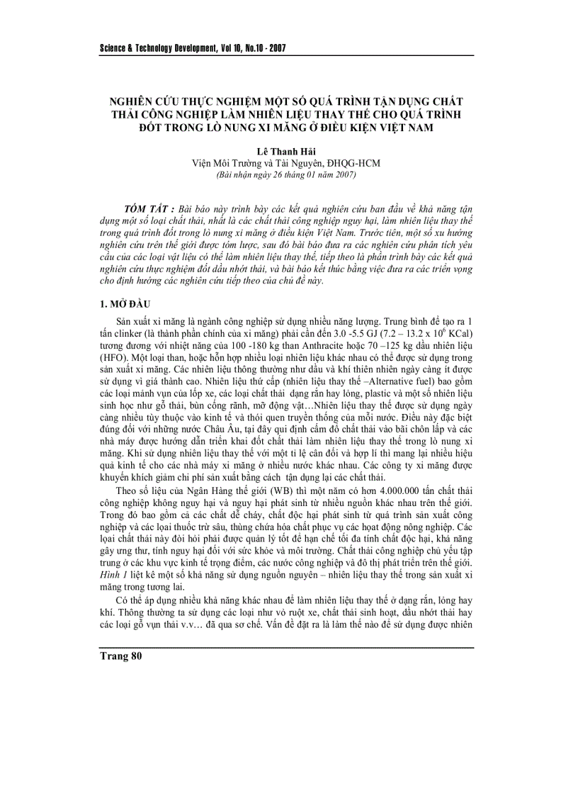 Nghiên cứu thực nghiệm một số quá trình tận dụng chất thải công nghiệp làm nhiên liệu thay thế cho quá trình đốt trong lò nung xi măng ở điều kiện Việt Nam