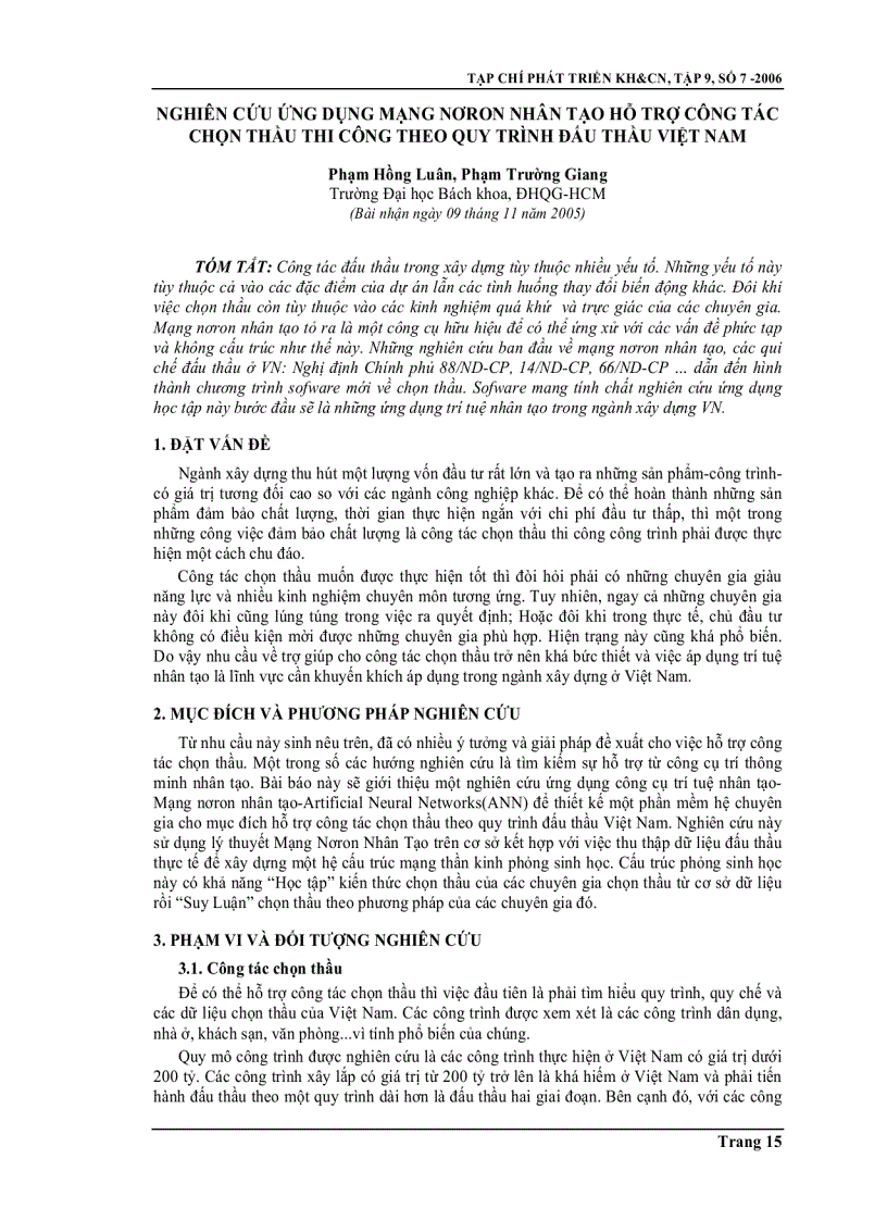 Nghiên cứu ứng dụng mạng nơron nhân tạo hỗ trợ công tác chọn thầu thi công theo quy trình đấu thầu Việt Nam
