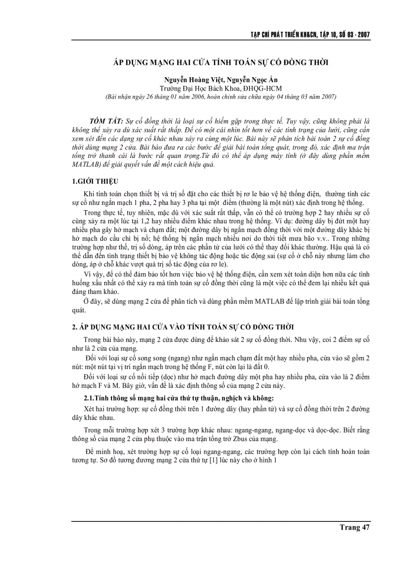 Áp dụng mạng hai cửa tính toán sự cố đồng thời