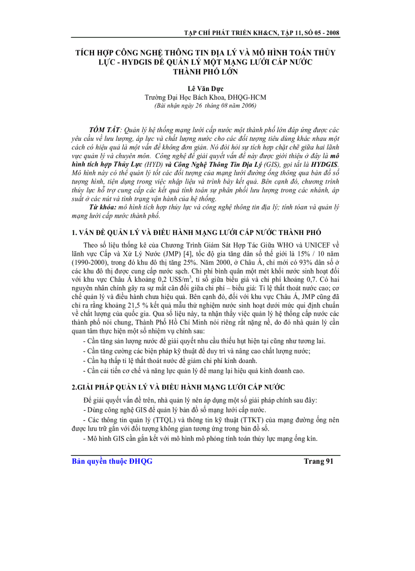Tích hợp công nghệ thông tin địa lý và mô hình toán thủy lực Hydgis để quản lý một mạng lưới cấp nước