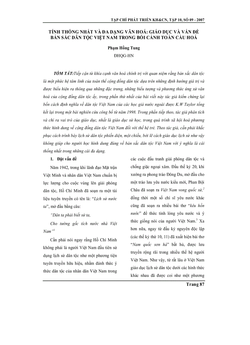 Tính thống nhất và đa dạng văn hoá giáo dục và vấn đề bản sắc dân tộc Việt Nam trong bối cảnh toàn cầu hoá
