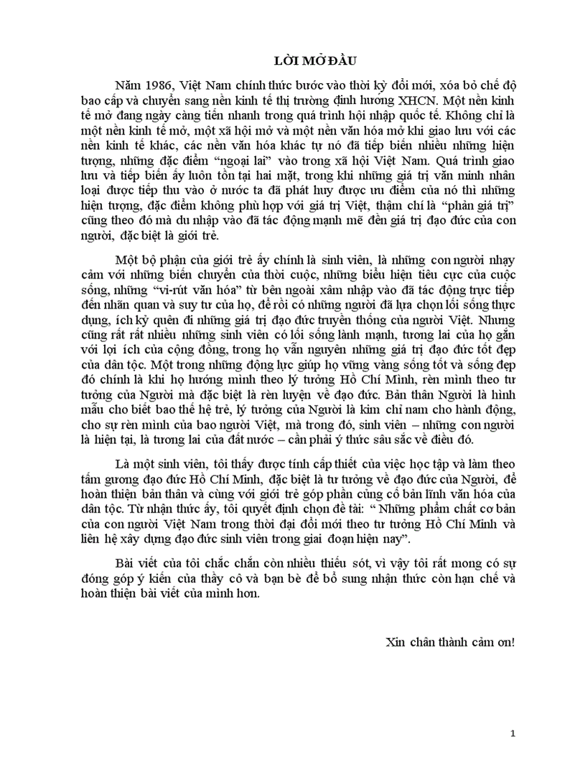 Những phẩm chất cơ bản của con người Việt Nam trong thời đại đổi mới theo tư tưởng Hồ Chí Minh và liên hệ xây dựng đạo đức sinh viên trong giai đoạn hiện nay
