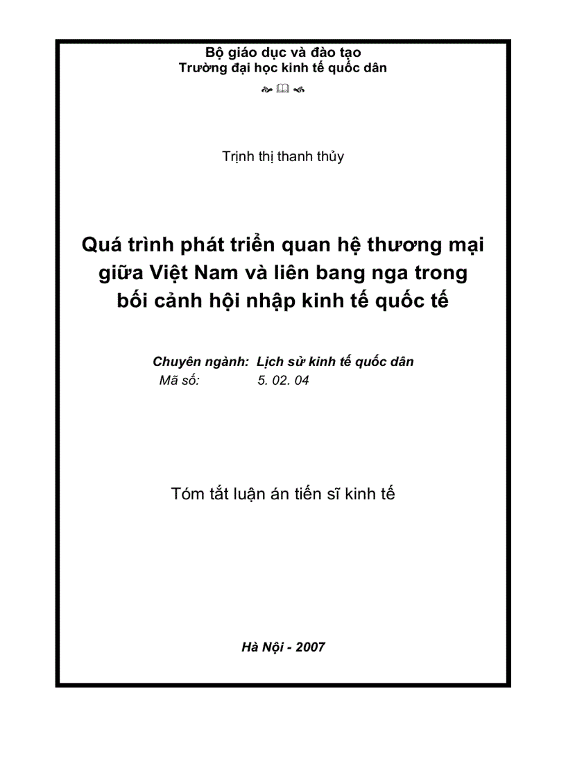 Quá trình phát triển quan hệ thương mại giữa Việt Nam và Liên bang Nga trong bối cảnh hội nhập kinh tế quốc tế