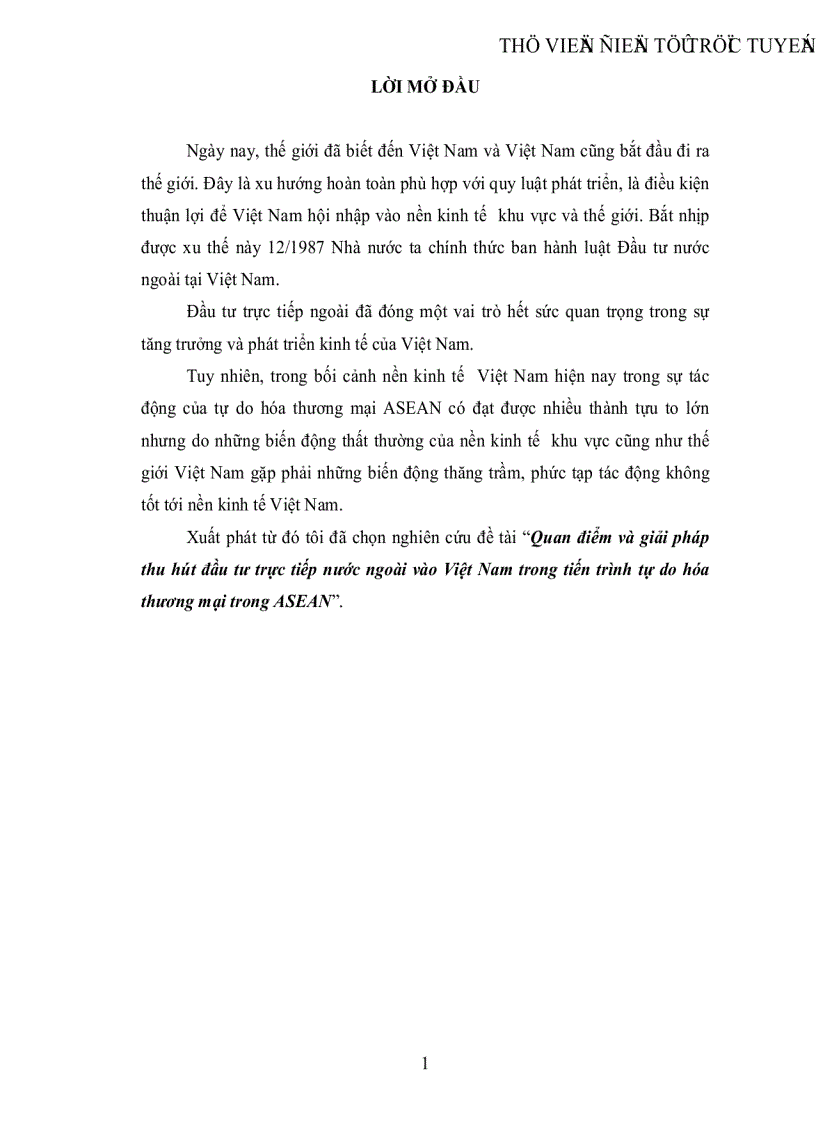 Quan điểm và giải pháp thu hút đầu tư trực tiếp nước ngoài vào Việt Nam trong tiến trình tự do hóa thương mại trong ASEAN