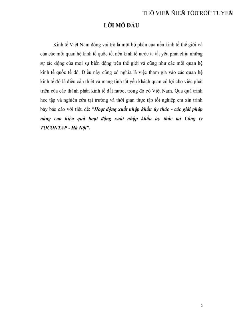 Hoạt động xuất nhập khẩu ủy thác các giải pháp nâng cao hiệu quả hoạt động xuât nhập khẩu ủy thác tại Công ty TOCONTAP Hà Nội