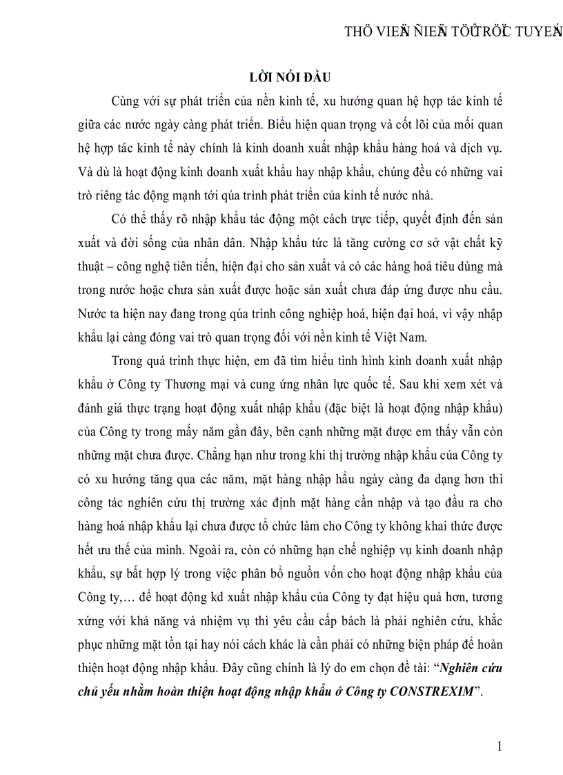 Nghiên cứu chủ yếu nhằm hoàn thiện hoạt động nhập khẩu ở Công ty CONSTREXIM