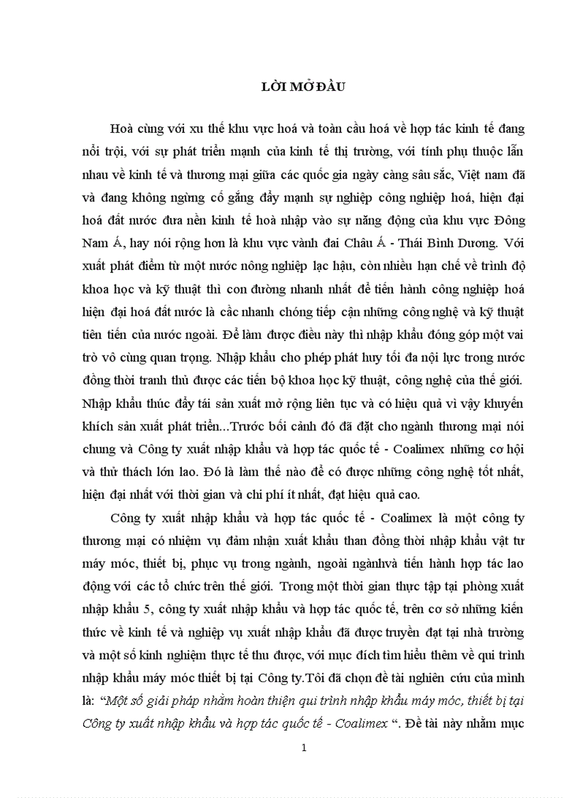 1số giải pháp nhằm hoàn thiện quy trình nhập khẩu máy móc thiết bị tại Công ty XNK và hợp tác quốc tế Coalimex