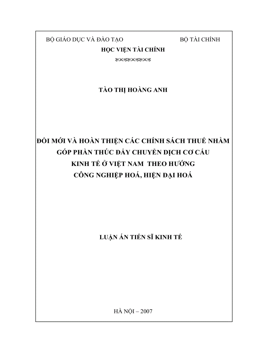 Đổi mới và hoàn thiện các chính sách thuế nhằm góp phần thúc đẩy chuyển dịch cơ cấu kinh tế ở Việt Nam theo hướng công nghiệp hoá hiện đại hoá