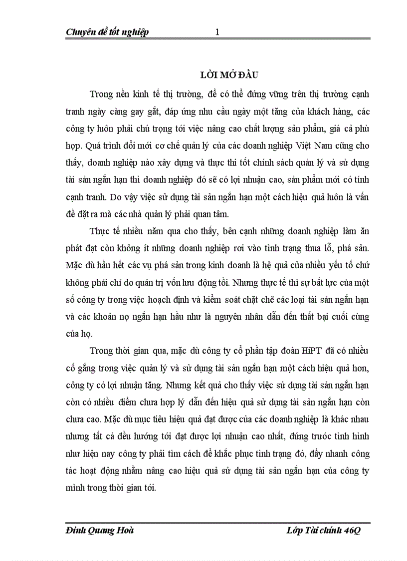 Giải pháp nâng cao hiệu quả sử dụng tài sản ngắn hạn tại Công ty CP tập đoàn HiPT
