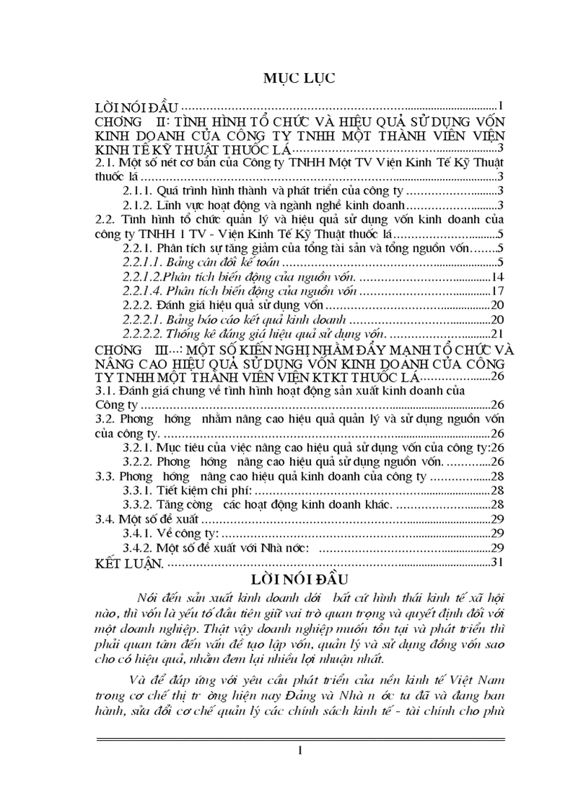 Vốn kinh doanh và hiệu quả sử dụng vốn trong Doanh nghiệp tại Công ty TNHH 1 thành viên Viện kinh tế kỹ thuật Thuốc Lá