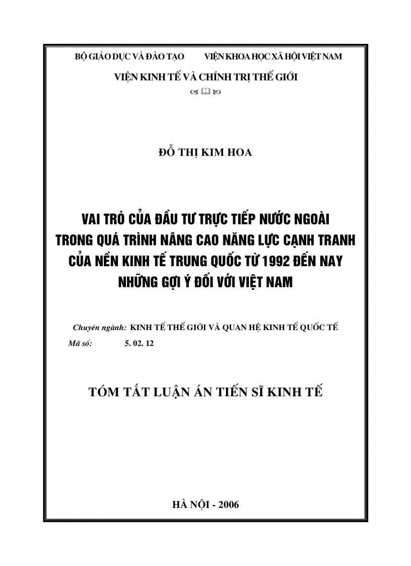 Vai trò của đầu tư trực tiếp nước ngoài trong quá trình nâng cao năng lực cạnh tranh của nền kinh tế Trung Quốc từ 1992 đến nay những gợi ý đối với Việt Nam