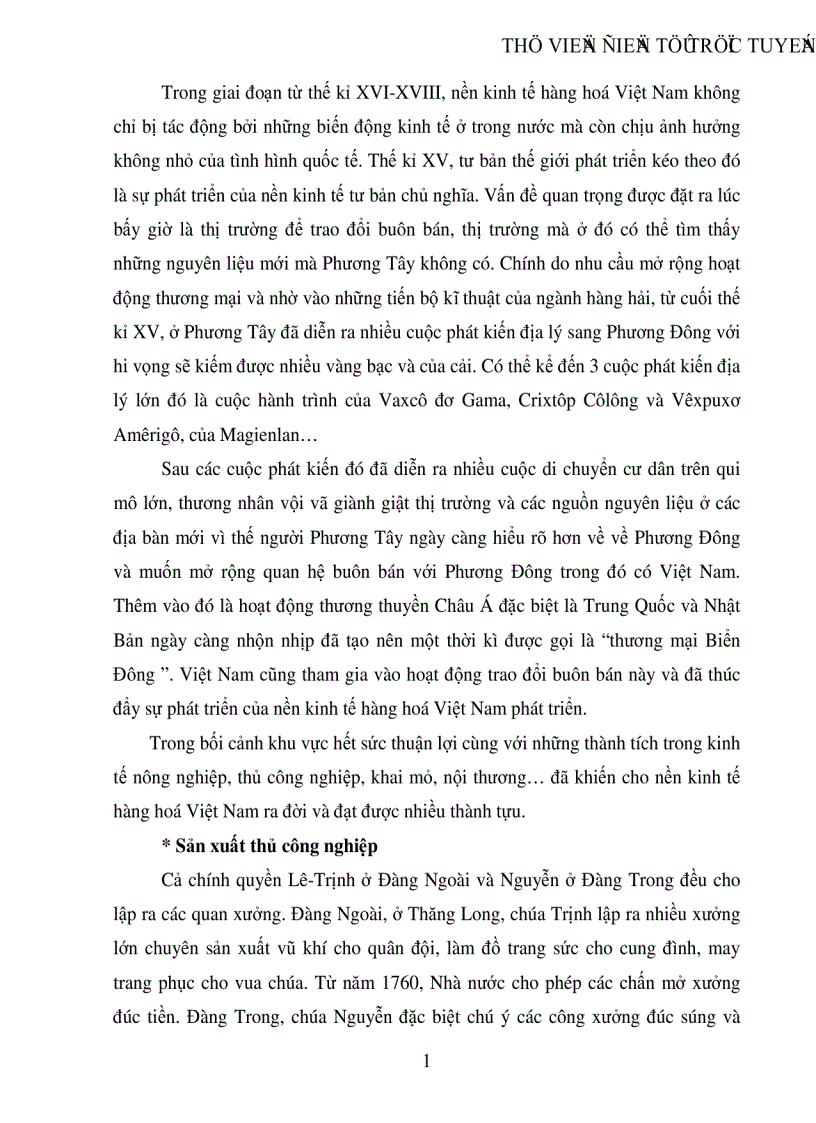 Sự ra đời và phát triển của kinh tế hàng hóa Việt Nam thế kỷ XVI XVIII